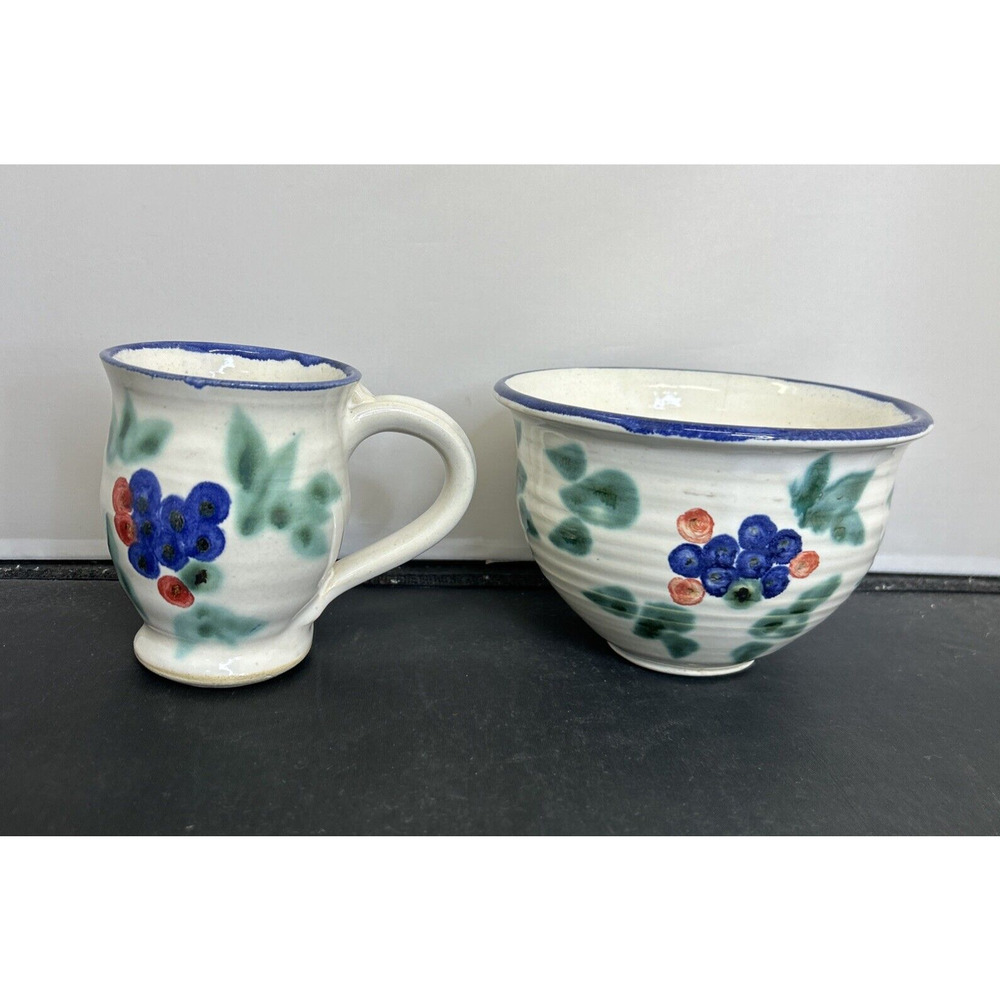 Hand Thrown Glazed Studio Art Pottery Coffee Mug & Bowl Flowers Signed 2011 FS